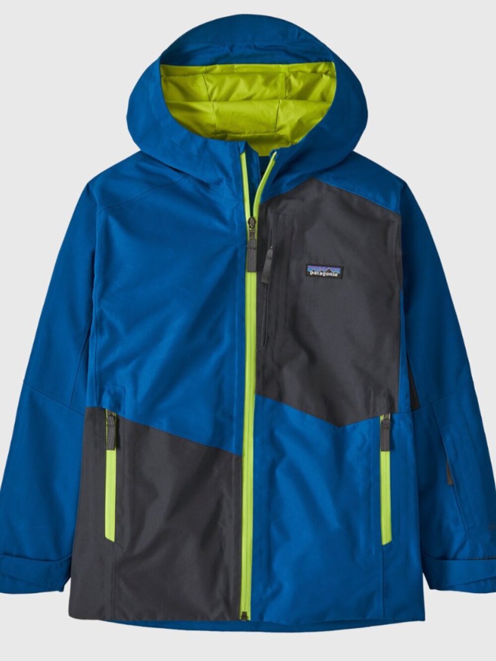 Patagonia Kids Blue and Gray Rain or Ski Jacket with Neon Yellow Trim